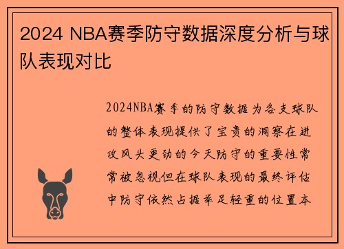 2024 NBA赛季防守数据深度分析与球队表现对比