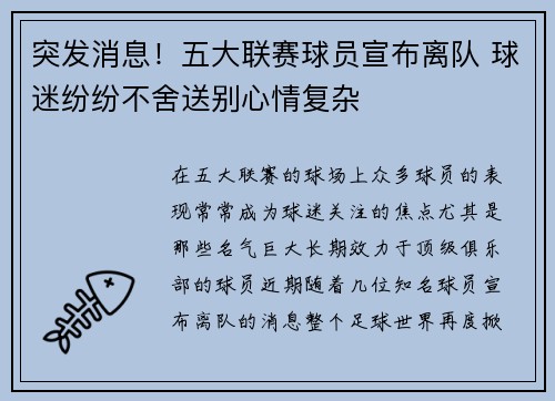 突发消息！五大联赛球员宣布离队 球迷纷纷不舍送别心情复杂